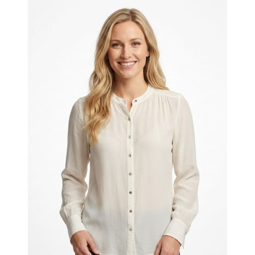 Banana Republic Silk Blouse 10 Ivory White Band Collar Shirred Button Down Top